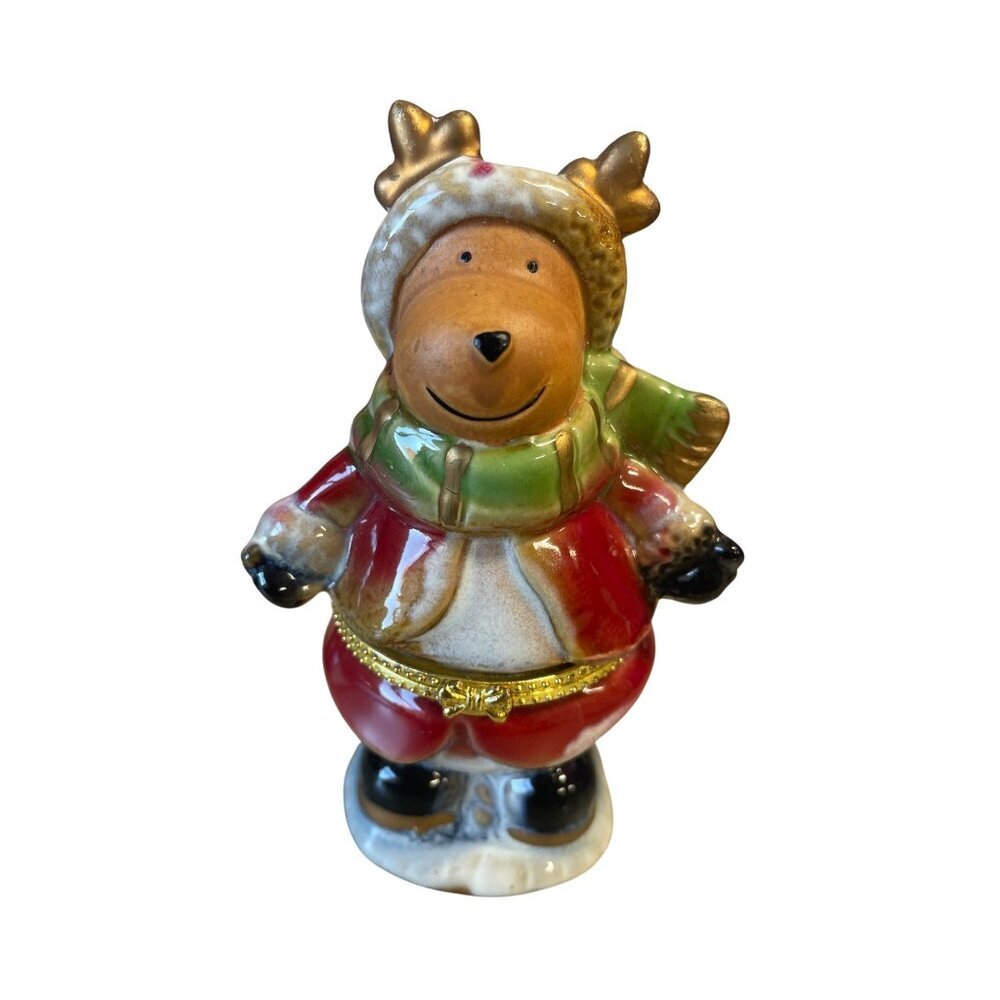 Ceramic Reindeer Winter Themed Trinket Box Hinged Gold Accents 4.5"